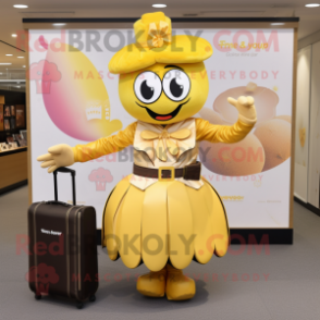 Gold Plum mascot costume character dressed with a Skirt and Briefcases