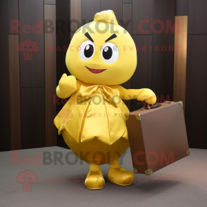 Gold Plum mascot costume character dressed with a Skirt and Briefcases