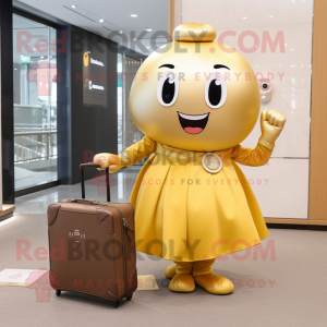 Gold Plum mascot costume character dressed with a Skirt and Briefcases