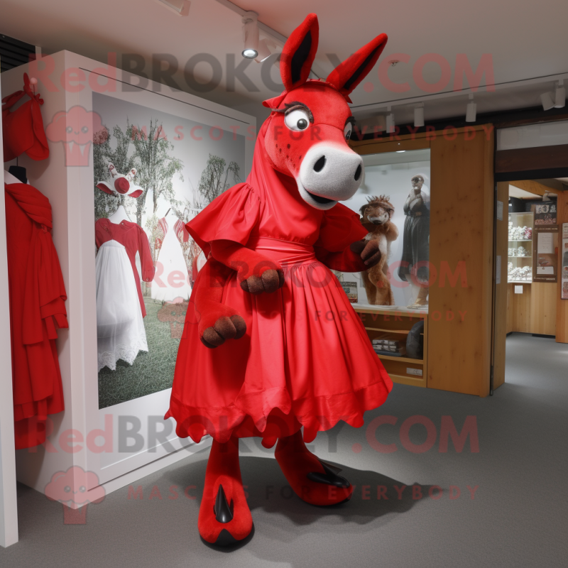 Red Donkey mascot costume character dressed with a Empire Waist Dress and Shoe laces Red Donkey mascot costume character dressed with a Empire Waist Dress and Shoe laces