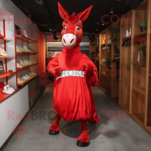 Red Donkey mascot costume character dressed with a Empire Waist Dress and Shoe laces