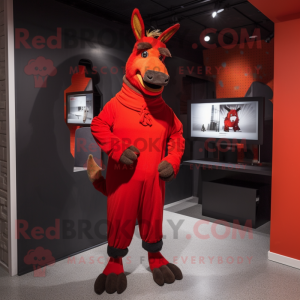 Red Donkey mascot costume character dressed with a Empire Waist Dress and Shoe laces