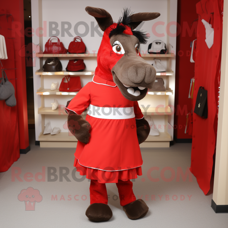 Red Donkey mascot costume character dressed with a Empire Waist Dress and Shoe laces