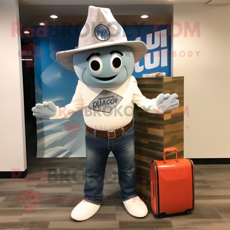 Silver Clam Chowder mascot costume character dressed with a Flare Jeans and Briefcases Silver Clam Chowder mascot costume character dressed with a Flare Jeans and Briefcases
