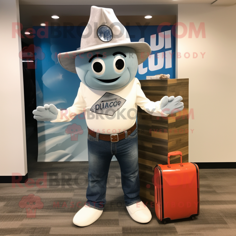 Silver Clam Chowder mascot costume character dressed with a Flare Jeans and Briefcases