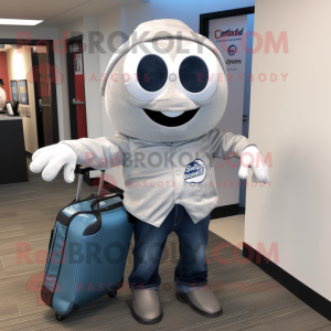 Silver Clam Chowder mascot costume character dressed with a Flare Jeans and Briefcases