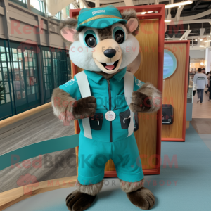 Teal Ferret mascot costume character dressed with a Romper and Suspenders