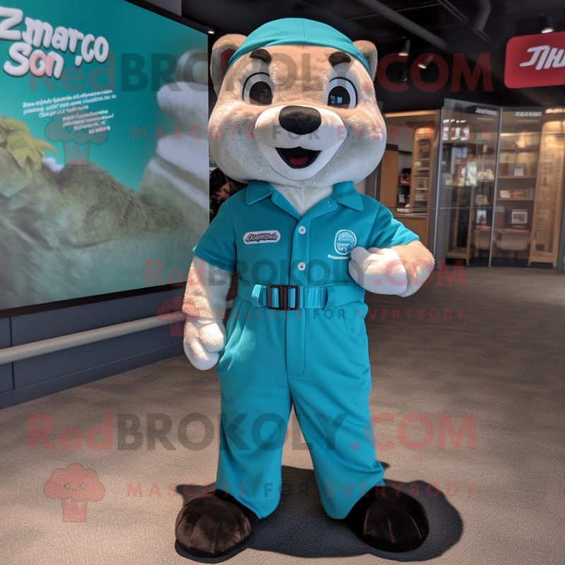 Teal Ferret mascot costume character dressed with a Romper and Suspenders