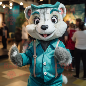 Teal Ferret mascot costume character dressed with a Romper and Suspenders