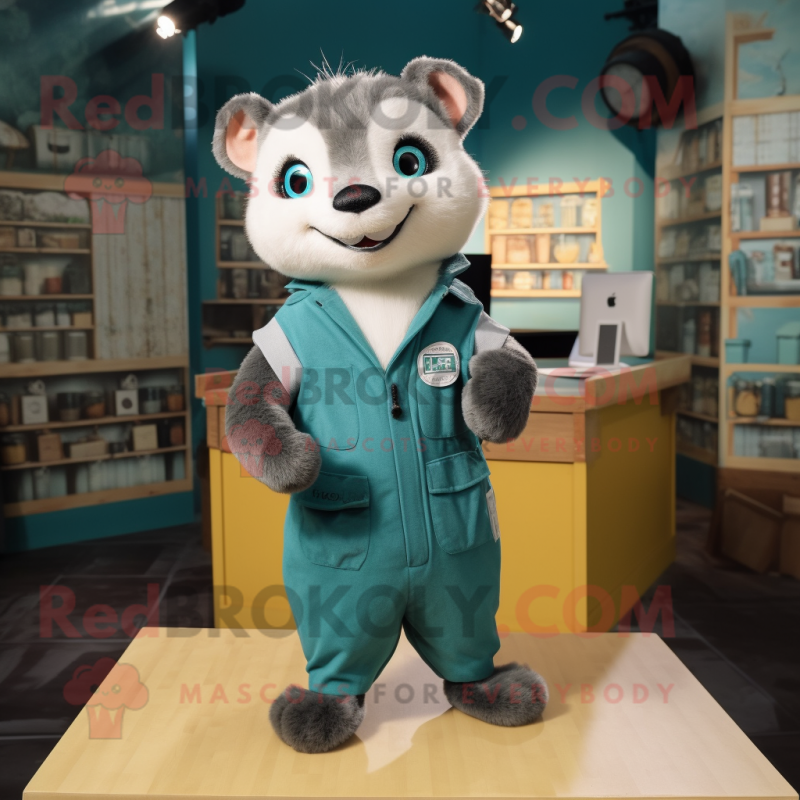 Teal Ferret mascot costume character dressed with a Romper and Suspenders