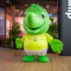 Lime Green Humpback Whale mascot costume character dressed with a Polo Tee and Necklaces