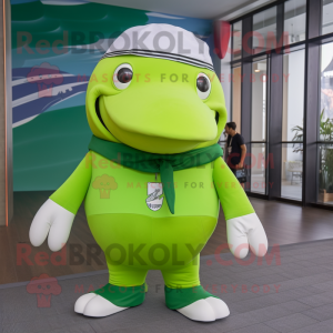 Lime Green Humpback Whale mascot costume character dressed with a Polo Tee and Necklaces