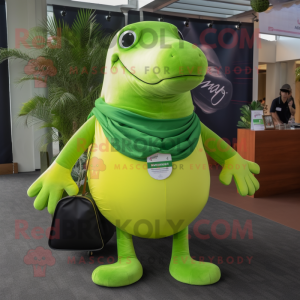 Lime Green Humpback Whale mascot costume character dressed with a Polo Tee and Necklaces