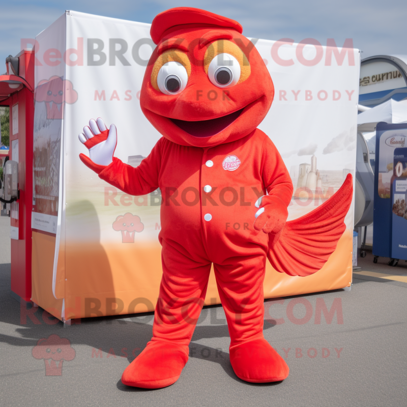 Red Fish And Chips mascot costume character dressed with a Jumpsuit and Foot pads