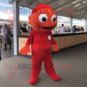 Red Fish And Chips mascot costume character dressed with a Jumpsuit and Foot pads