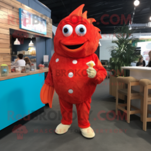 Red Fish And Chips mascot costume character dressed with a Jumpsuit and Foot pads
