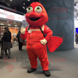 Red Fish And Chips mascot costume character dressed with a Jumpsuit and Foot pads