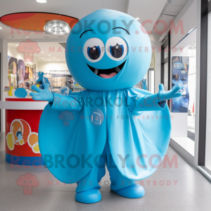 Cyan Contortionist mascot costume character dressed with a Raincoat and Keychains