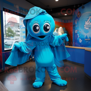 Cyan Contortionist mascot costume character dressed with a Raincoat and Keychains