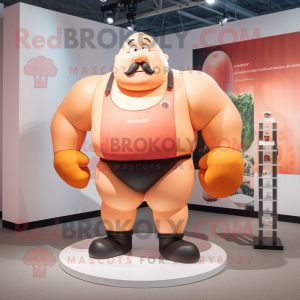 Peach Strongman mascot costume character dressed with a Shorts and Foot pads