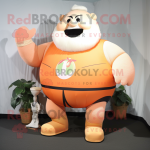 Peach Strongman mascot costume character dressed with a Shorts and Foot pads