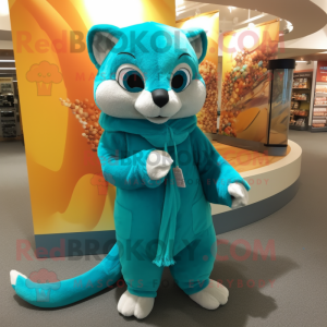 Turquoise Weasel mascot costume character dressed with a Cover-up and Shoe laces