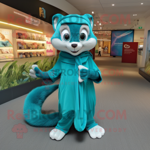 Turquoise Weasel mascot costume character dressed with a Cover-up and Shoe laces