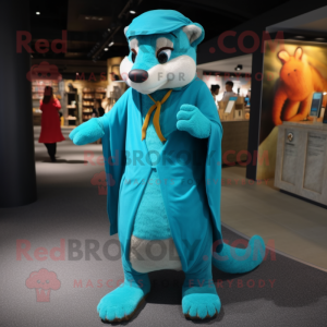 Turquoise Weasel mascot costume character dressed with a Cover-up and Shoe laces