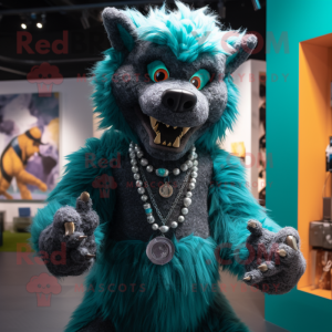 Teal Werewolf mascot costume character dressed with a Playsuit and Necklaces