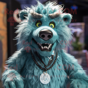 Teal Werewolf mascot costume character dressed with a Playsuit and Necklaces