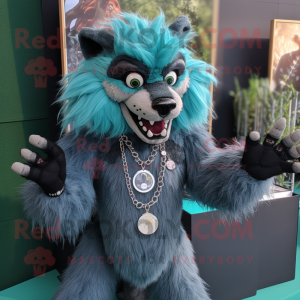 Teal Werewolf mascot costume character dressed with a Playsuit and Necklaces