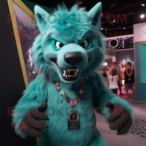 Teal Werewolf mascot costume character dressed with a Playsuit and Necklaces