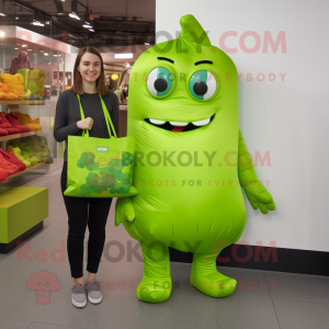 Lime Green Chocolate Bar mascot costume character dressed with a Jeggings and Tote bags