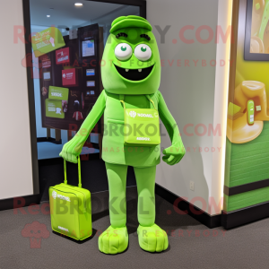 Lime Green Chocolate Bar mascot costume character dressed with a Jeggings and Tote bags