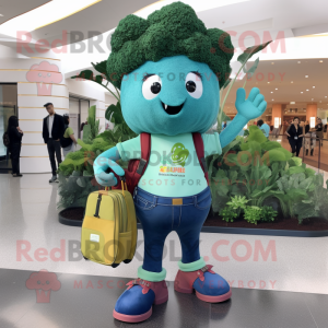 Teal Broccoli mascot costume character dressed with a Skinny Jeans and Handbags