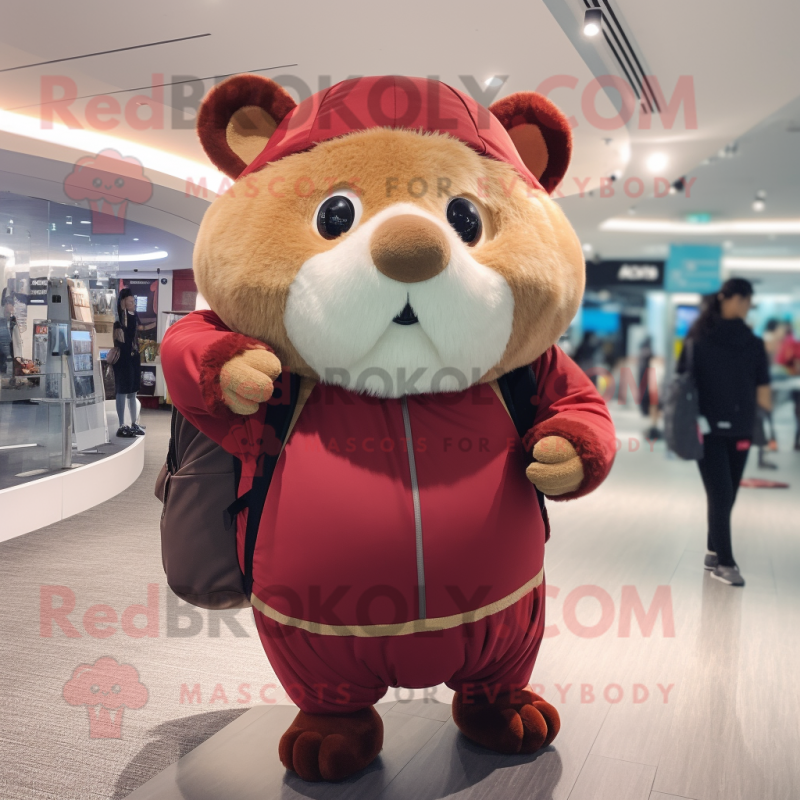 Maroon Hamster mascot costume character dressed with a Leggings and Backpacks