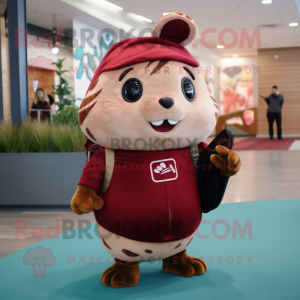 Maroon Hamster mascot costume character dressed with a Leggings and Backpacks