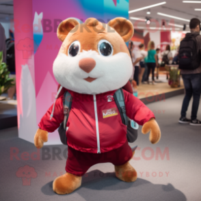 Maroon Hamster mascot costume character dressed with a Leggings and Backpacks