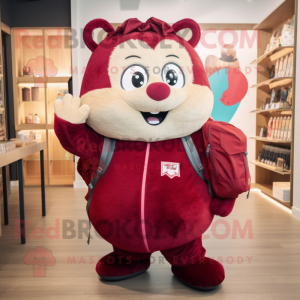 Maroon Hamster mascot costume character dressed with a Leggings and Backpacks