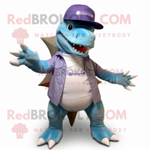 Lavender Stegosaurus mascot costume character dressed with a Boyfriend Jeans and Hat pins