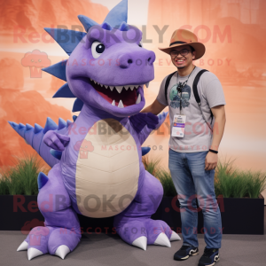Lavender Stegosaurus mascot costume character dressed with a Boyfriend Jeans and Hat pins