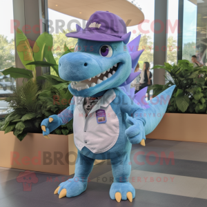 Lavender Stegosaurus mascot costume character dressed with a Boyfriend Jeans and Hat pins