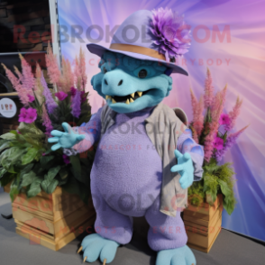 Lavender Stegosaurus mascot costume character dressed with a Boyfriend Jeans and Hat pins