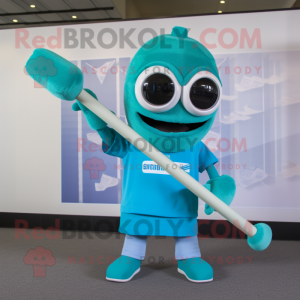 Turquoise Ice Hockey Stick mascot costume character dressed with a Swimwear and Headbands