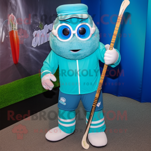Turquoise Ice Hockey Stick mascot costume character dressed with a Swimwear and Headbands