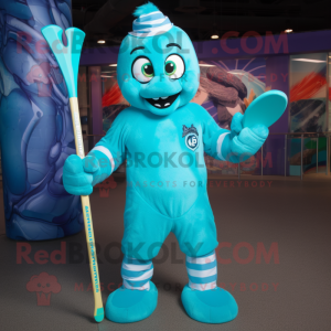 Turquoise Ice Hockey Stick mascot costume character dressed with a Swimwear and Headbands