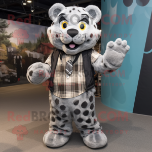 Gray Jaguar mascot costume character dressed with a Flannel Shirt and Mittens
