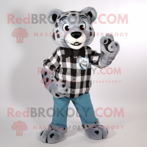 Gray Jaguar mascot costume character dressed with a Flannel Shirt and Mittens