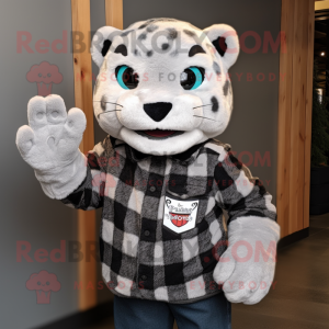 Gray Jaguar mascot costume character dressed with a Flannel Shirt and Mittens