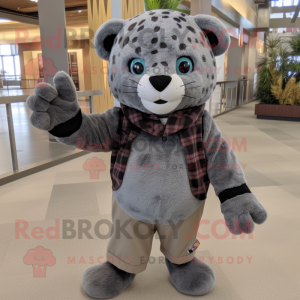 Gray Jaguar mascot costume character dressed with a Flannel Shirt and Mittens